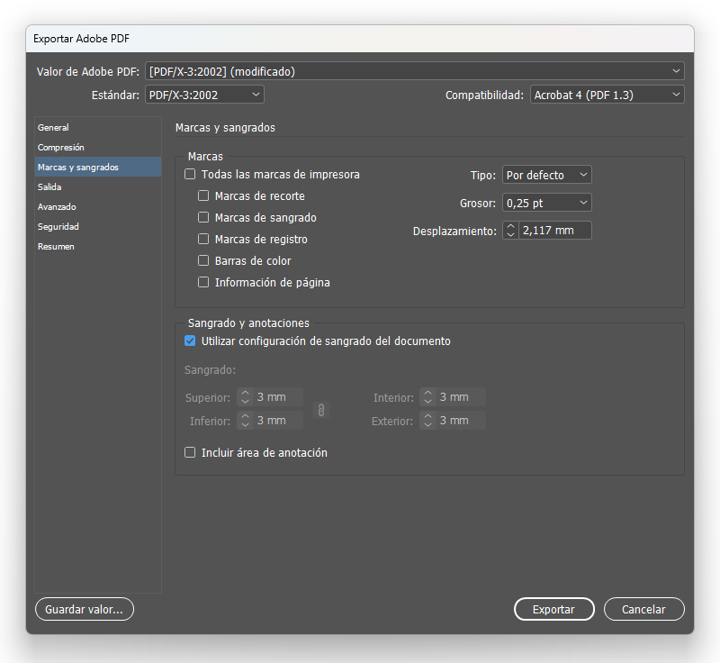 exportar sangrado indesign